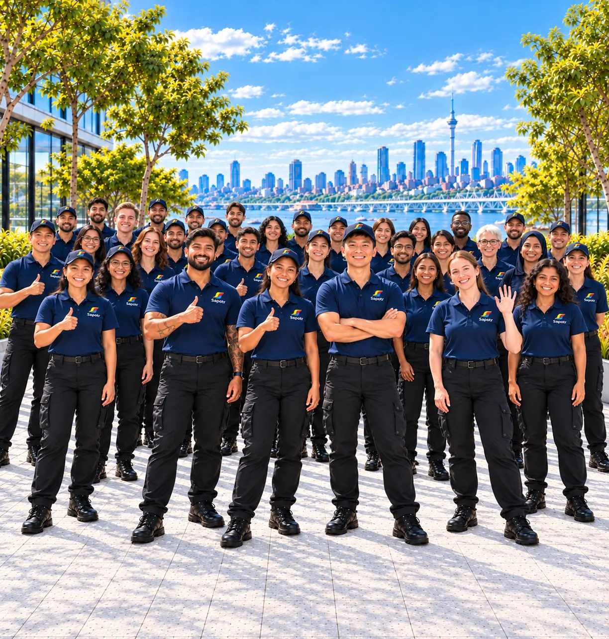 A large team of smiling SAPOTRs in navy SAPOTR caps and polos, giving a thumbs up in front of the Auckland skyline