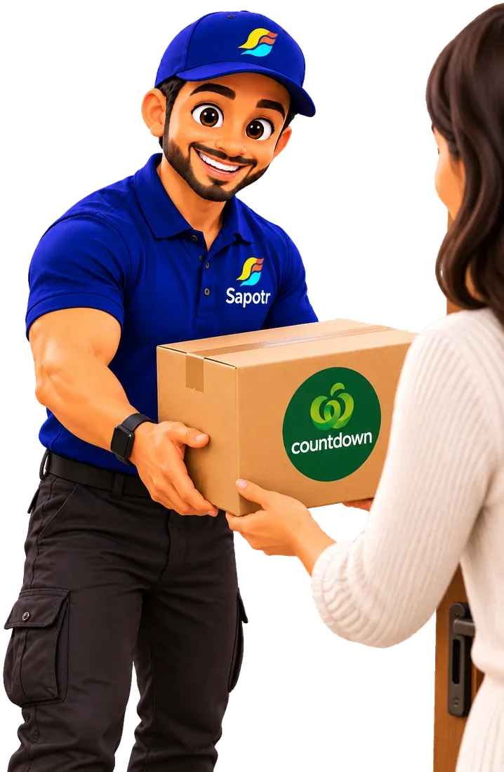 A smiling SAPOTR handing a grocery box to a customer at her door
