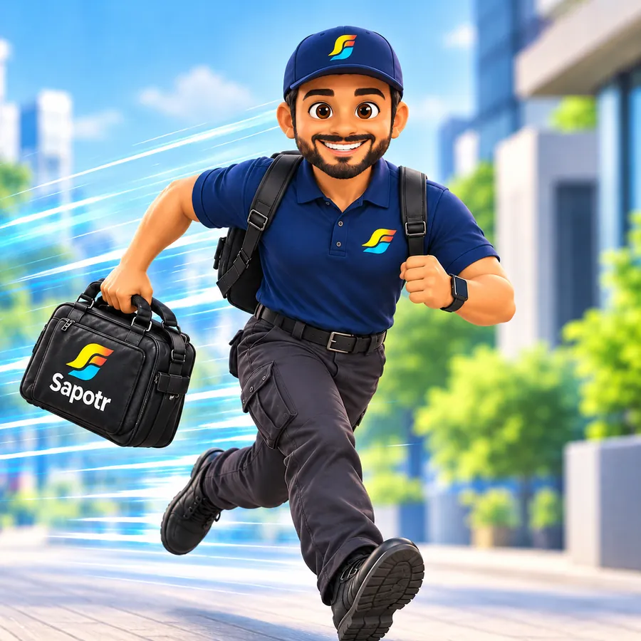 A SAPOTR holding a phone as a staff request is matched in the SAPOTR app