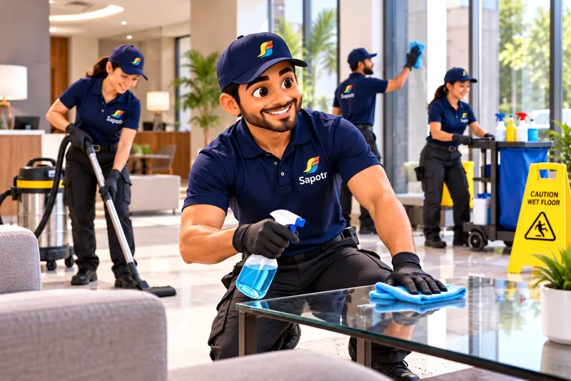 A SAPOTR cleaning a table in a bright modern space