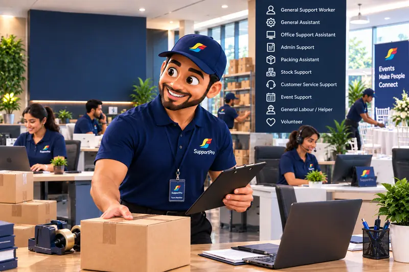 A SAPOTR with a clipboard and boxes in a busy office