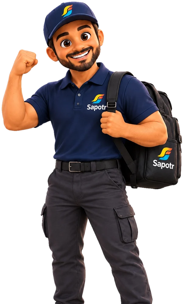 A smiling SAPOTR with a backpack, flexing his arm