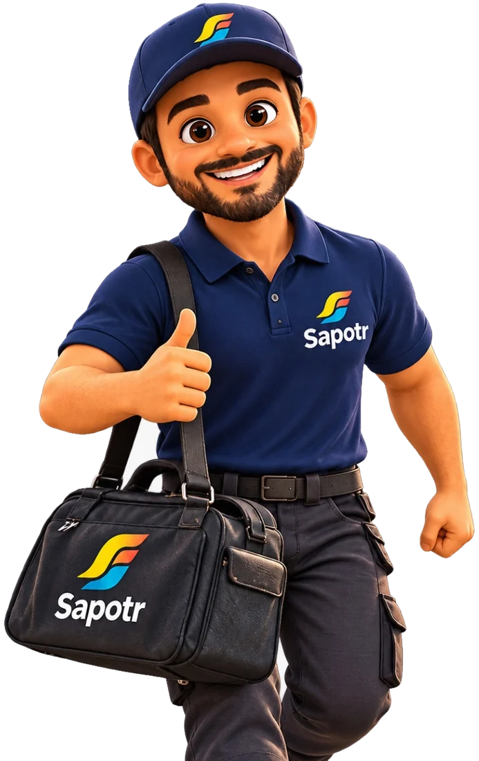 A SAPOTR walking with a SAPOTR bag, giving a thumbs up